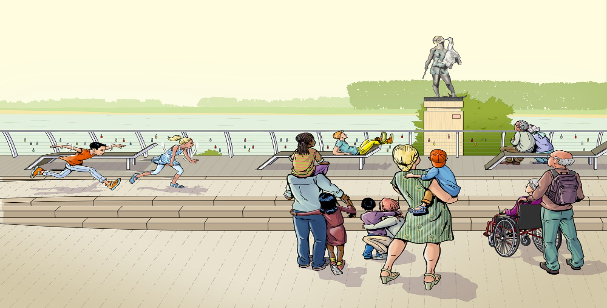Illustration von mehreren Menschen an der Rheinpromenade vor einem Kunstwerk.